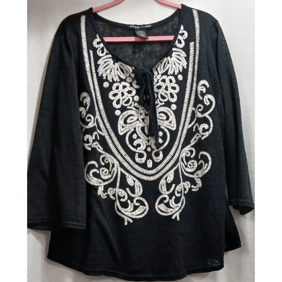 Simply Irresistible Women's Top 2XL Black Floral Boho Blouse Keyhole Neck L/S - Picture 1 of 4